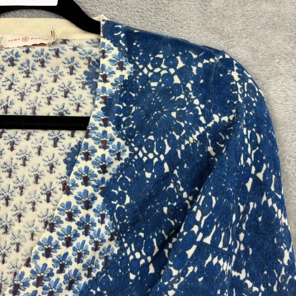 Tory Burch 100% Wool Cardigan Sweater Womens XS Blue Geometric Old Money Classic - Picture 6 of 16